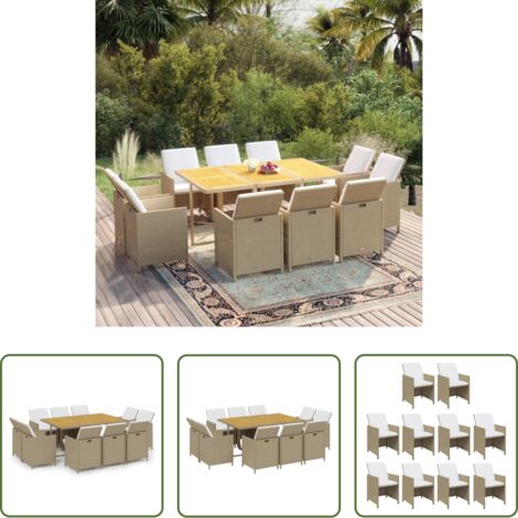 Sillas de jardín -  Set comedor de jardín 11 piezas y cojines ratán sintético beige