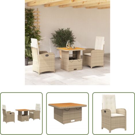 Sillas de jardín -  Set comedor de jardín 3 pzas con cojines ratán sintético beige