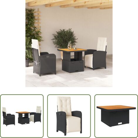 Sillas de jardín -  Set comedor de jardín 3 pzas con cojines ratán sintético negro