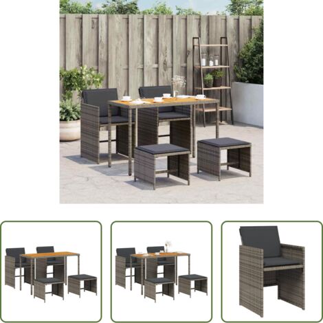 Sillas de jardín -  Set comedor de jardín 5 piezas con cojines ratán sintético gris