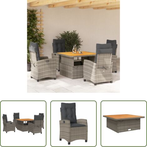 Sillas de jardín -  Set comedor de jardín 5 piezas con cojines ratán sintético gris