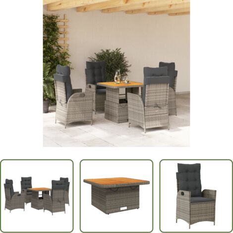 Sillas de jardín -  Set comedor de jardín 5 piezas con cojines ratán sintético gris