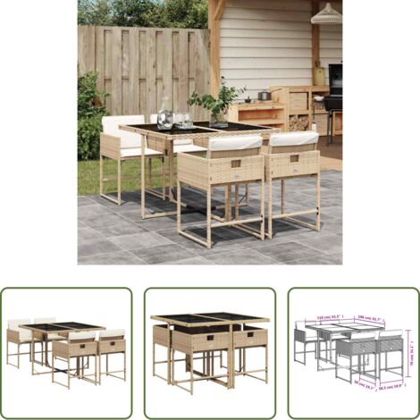 Sillas de jardín -  Set comedor de jardín 5 pzas con cojines ratán sintético beige