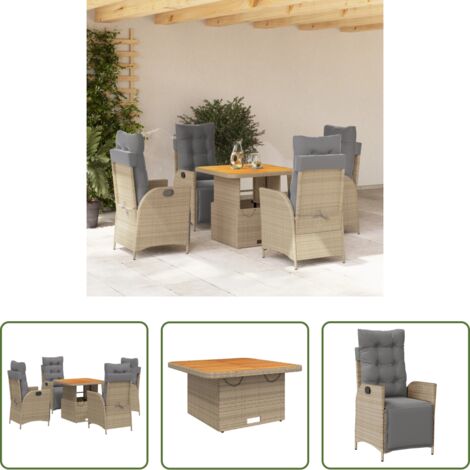 Sillas de jardín -  Set comedor de jardín 5 pzas con cojines ratán sintético beige