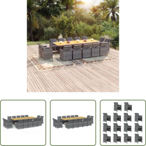 Sillas de jardín -  Set comedor jardín 15 pzas y cojines ratán sintético gris