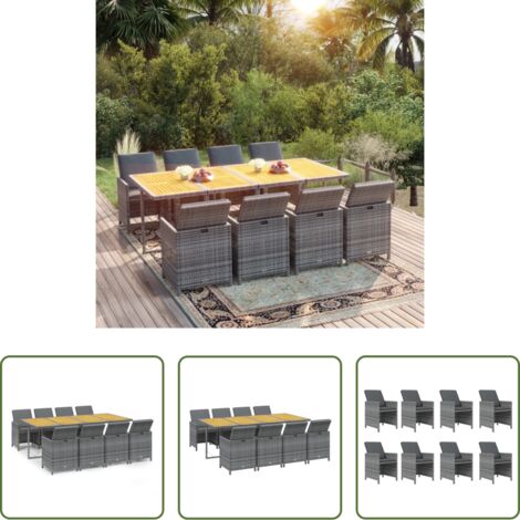 Sillas de jardín -  Set comedor jardín 9 pzas y cojines ratán sintético gris