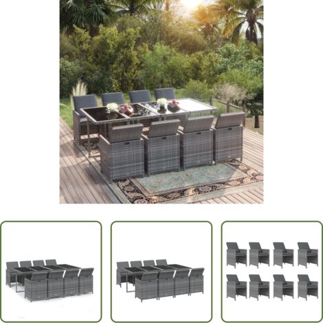 Sillas de jardín -  Set comedor jardín 9 pzas y cojines ratán sintético gris