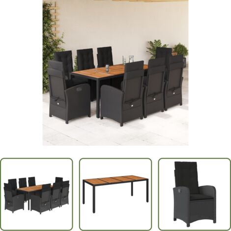 Sillas de jardín -  Set de comedor de jardín 9 pzas y cojines ratán sintético negro