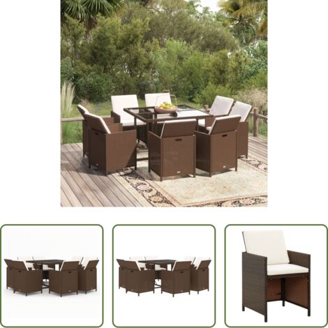 Sillas de jardín -  Set de comedor jardín 9 pzas y cojines ratán sintético marrón