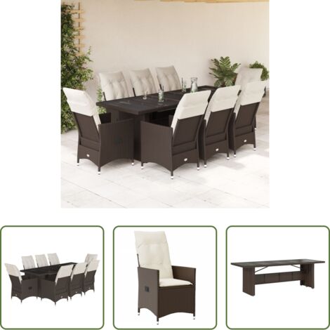 Sillas de jardín -  Set de mesa y sillas jardín 9 piezas y cojines ratán PE marrón