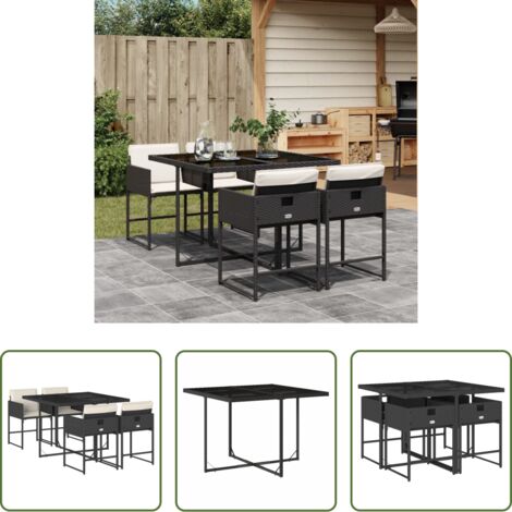 Sillas de jardín -  Set de muebles jardín 5 pzas con cojines ratán sintético negro