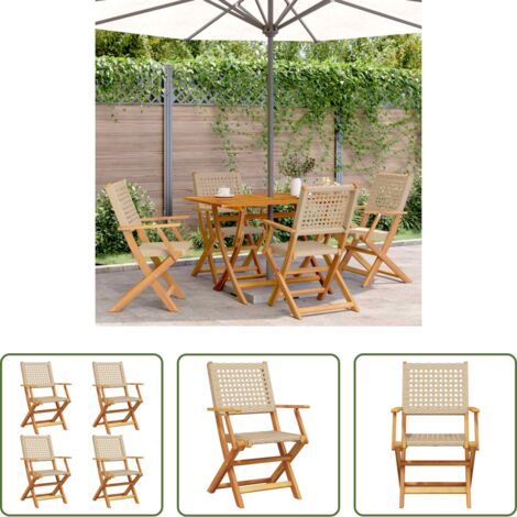 Sillas de jardín -  Sillas de jardín plegables 4 uds madera maciza y ratán PE beige