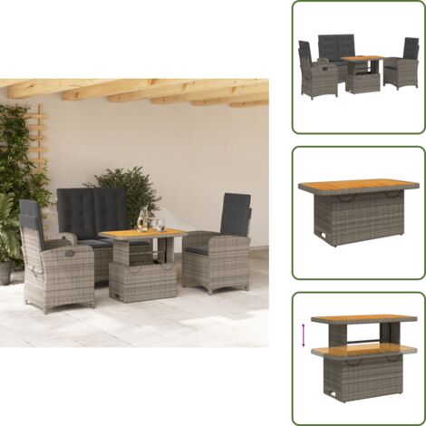 Sillas de jardín - vidaXL Juego de comedor de jardín 4 piezas con cojines ratán PE gris - Bancos reclinables