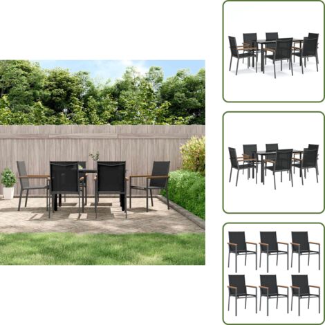 Sillas de jardín - vidaXL Juego de comedor para jardín 7 piezas acero y textilene negro - Comedor exterior