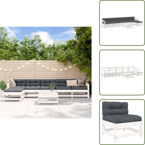 Sillas de jardín - vidaXL Juego de muebles jardín 7 piezas y cojines madera maciza blanco - Cojines de jardín