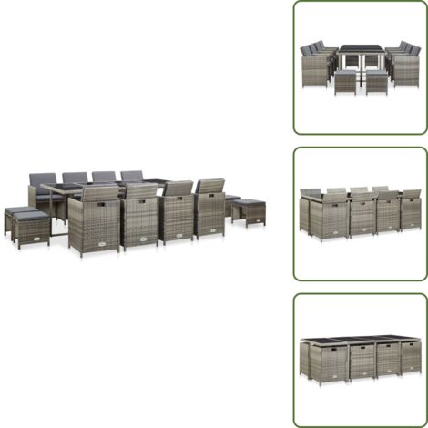 Sillas de jardín - vidaXL Set comedor de jardín 13 piezas y cojines ratán sintético gris - Taburetes de jardín