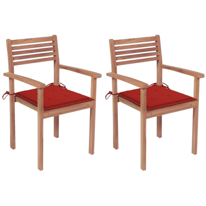 

Sillas de jardín 2 uds madera maciza de teca con cojines rojos