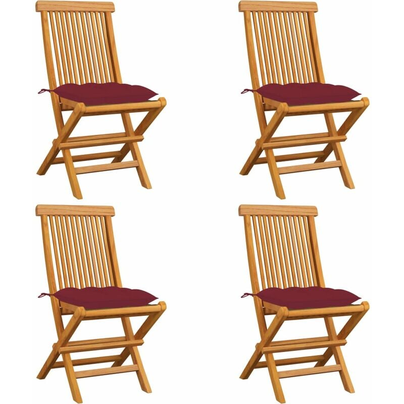 

Sillas de jardín 4 uds con cojines rojo tinto madera de teca - Rojo