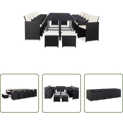 Sillas de ratán -  Set comedor de jardín 15 piezas y cojines ratán sintético negro