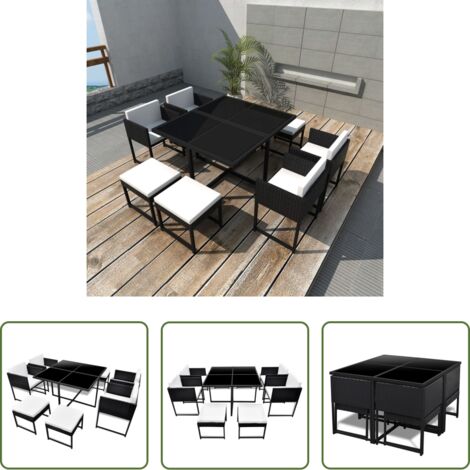 Sillas de ratán -  Set comedor de jardín 9 piezas y cojines ratán sintético negro