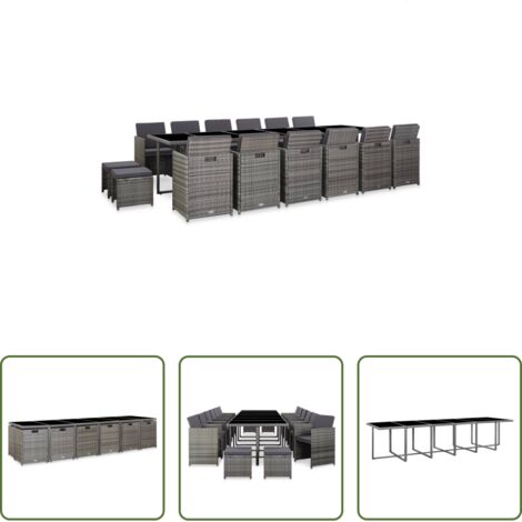 Sillas de ratán -  Set de comedor de jardín 17 pzas y cojines ratán sintético gris