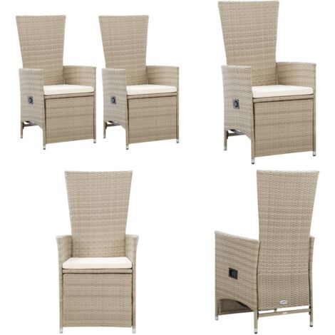 Sillas reclinables jardín 2 uds y cojines ratán sintético beige - Sillas de jardín - Sillas de comedor al aire libre
