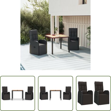Sillas reclinables -  Juego comedor jardín 3 pzas madera acacia ratán sintético negro