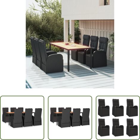 Sillas reclinables -  Juego comedor jardín 7 pzas madera acacia ratán sintético negro