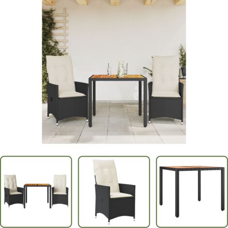Sillas reclinables -  Mesa y sillas con cojines 3 pzas ratán sintético y acacia negro
