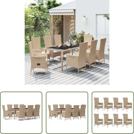 Sillas reclinables -  Set comedor de jardín 9 pzas con cojines ratán sintético beige