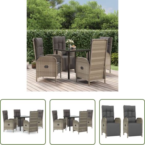 Sillas reclinables -  Set comedor jardín 5 pzas y cojines ratán sintético negro gris