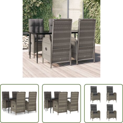 Sillas reclinables -  Set comedor jardín 5 pzas y cojines ratán sintético negro gris
