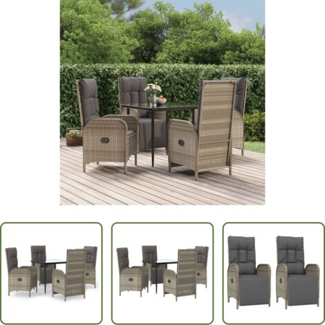 Sillas reclinables -  Set comedor jardín 5 pzas y cojines ratán sintético negro gris