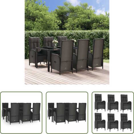 Sillas reclinables -  Set comedor jardín 7 pzas y cojines ratán sintético negro gris