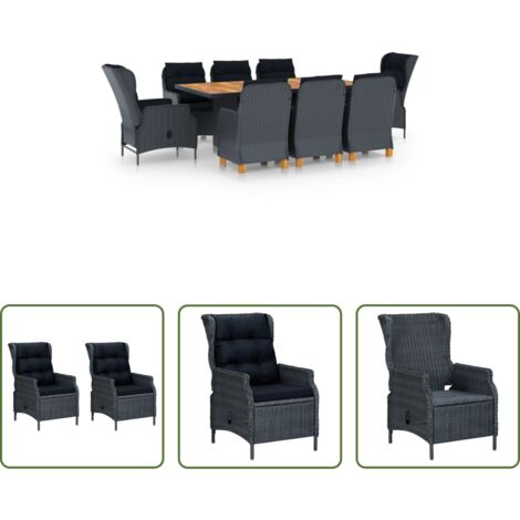 Sillas reclinables -  Set comedor jardín 9 piezas cojines ratán sintético gris oscuro