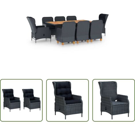 Sillas reclinables -  Set comedor jardín 9 piezas cojines ratán sintético gris oscuro