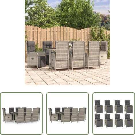 Sillas reclinables -  Set comedor jardín 9 pzas y cojines ratán sintético gris