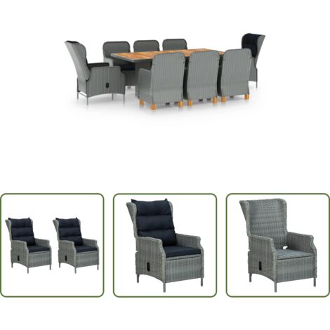Sillas reclinables -  Set comedor jardín 9 pzas y cojines ratán sintético gris claro
