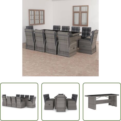 Sillas reclinables -  Set de comedor de jardín 11 pzas y cojines ratán sintético gris