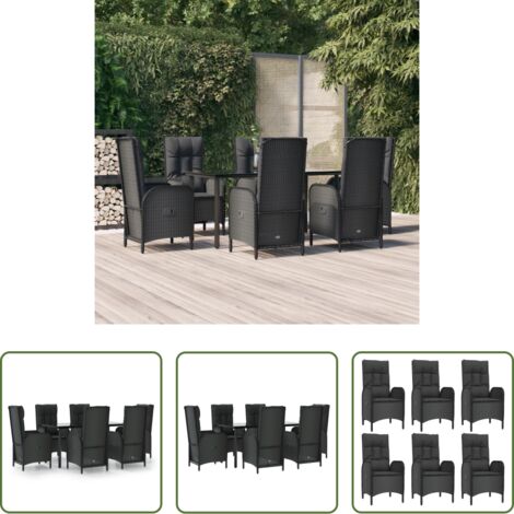 Sillas reclinables -  Set de comedor de jardín 7 pzas y cojines ratán sintético negro
