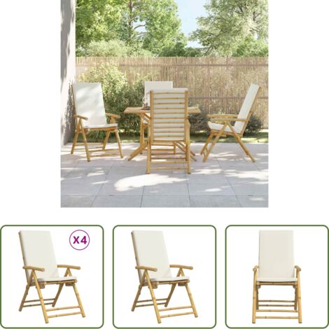 Sillas reclinables -  Sillas jardín plegables reclinables y cojines 4 uds bambú crema