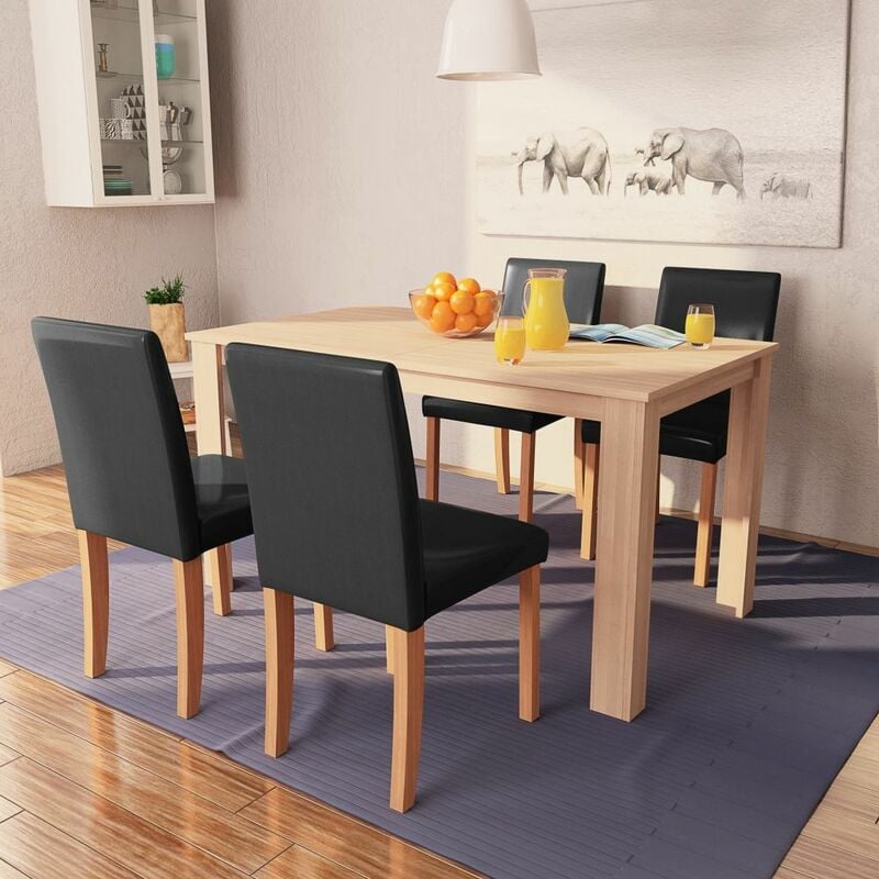

Sillas y mesa comedor 5 piezas roble y cuero artificial negro