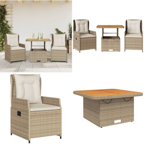 Sillas y mesita de jardín 3 piezas ratán sintético cojín beige - Mesa de jardín - Cojín de jardín