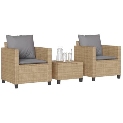 Sillas y mesita de jardín 3 piezas ratán sintético cojín beige vidaXL