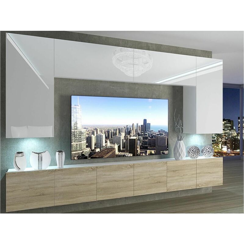 SILLEA - Ensemble meubles TV - Unité murale largeur 300 cm - Mur TV à suspendre finition gloss - Sans LED - Blanc/Sonoma