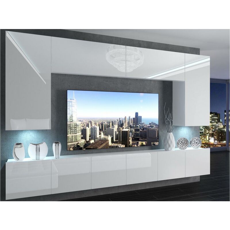 

SILLEA | Mueble TV + LED | Unidad de pared de estilo moderno | Ancho 300 cm | Pared de TV para colgar - Blanco