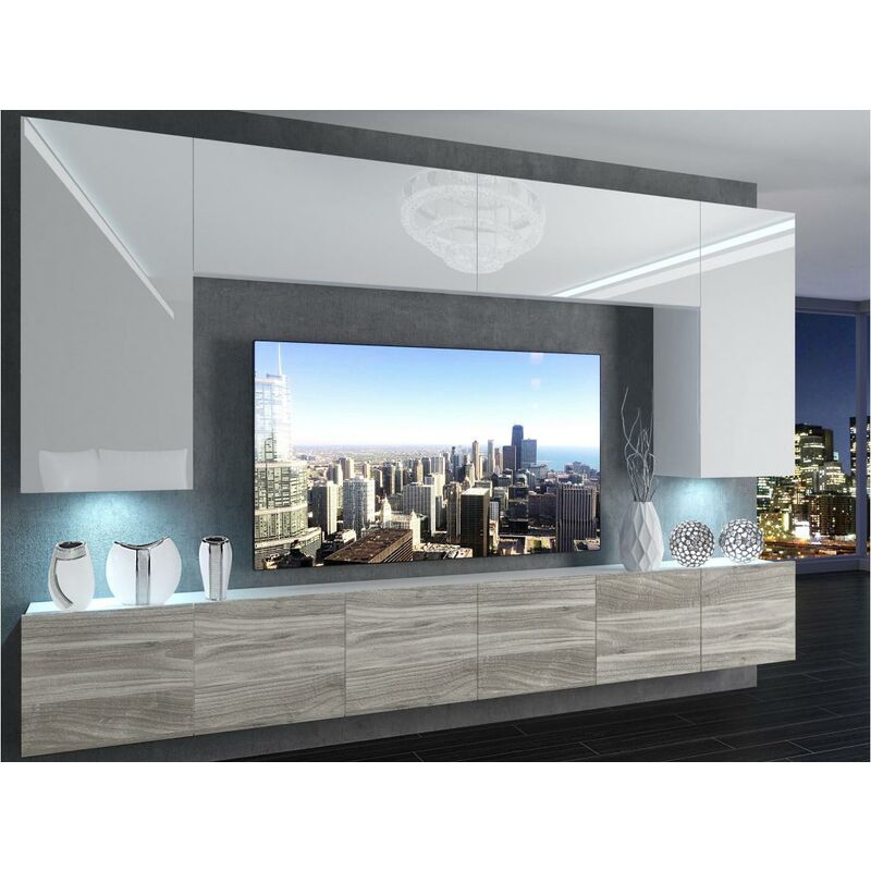 

SILLEA | Mueble TV + LED | Unidad de pared de estilo moderno | Ancho 300 cm | Pared de TV para colgar - Blanco