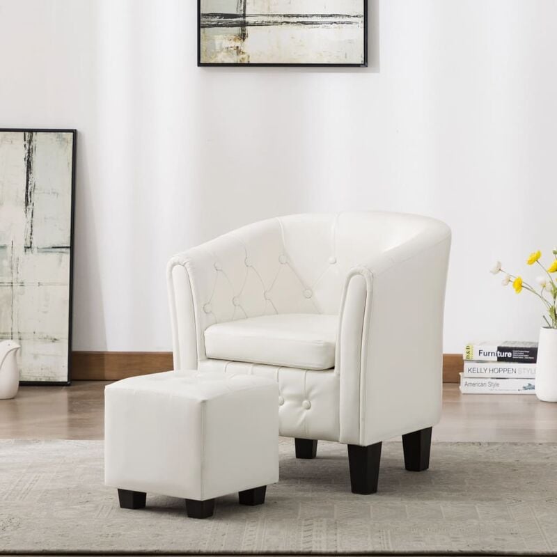 

Sillón con diseño de cubo con reposapiés cuero sintético blanco - Blanco