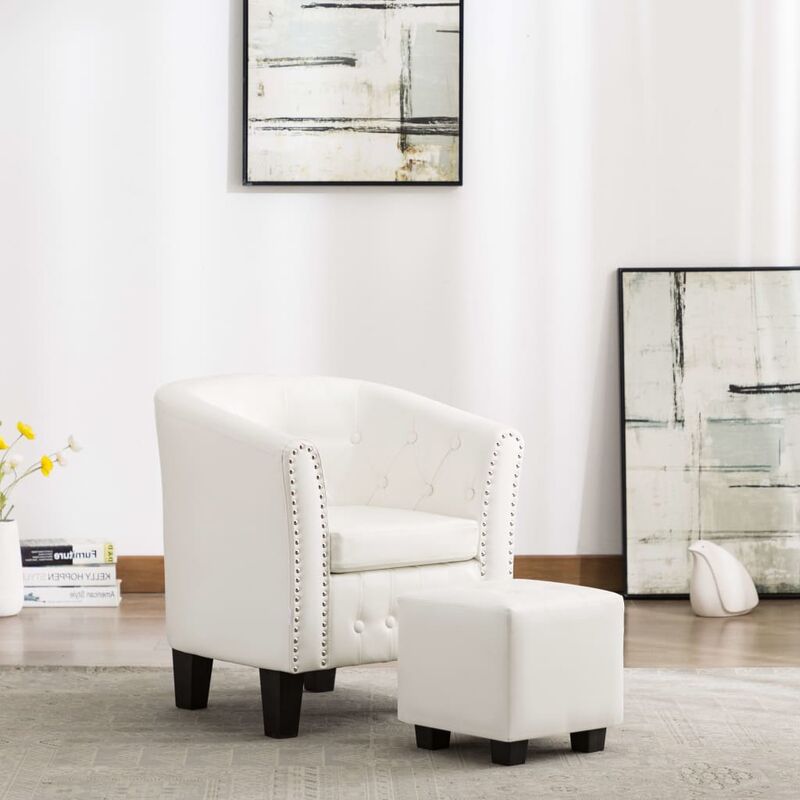 

Sillón con diseño de cubo con reposapiés cuero sintético blanco - Blanco