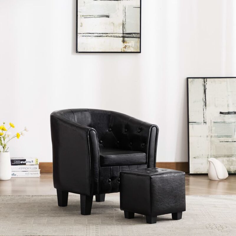 

Sillón con diseño de cubo con reposapiés cuero sintético negro - Negro
